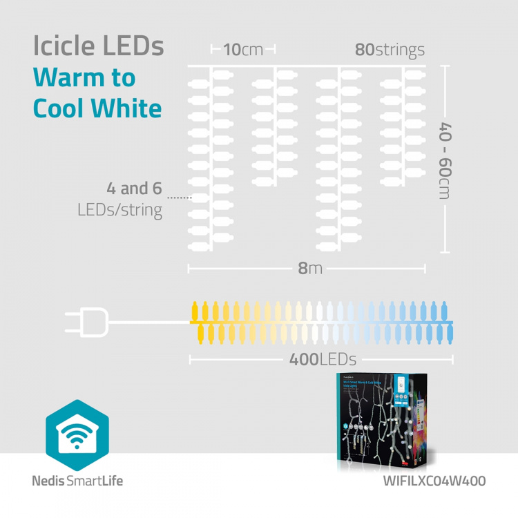 Nedis SmartLife Julbelysning | Istapp | Wi-Fi | Varm till cool vit | 400 LED\'s | 8.00 m | Android™ / IOS