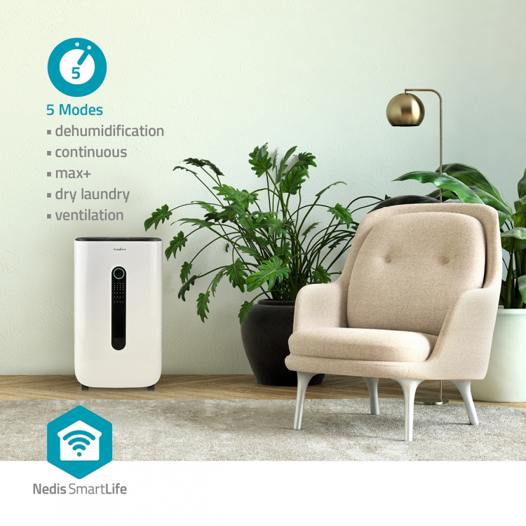 Nedis SmartLife Avfuktare | Wi-Fi | 20 l/Dag | Avfuktning / Kontinuerlig / Torr tvätt / Ventilation | Android™ / IOS | Justerbar hygrostat | 195 m³/h