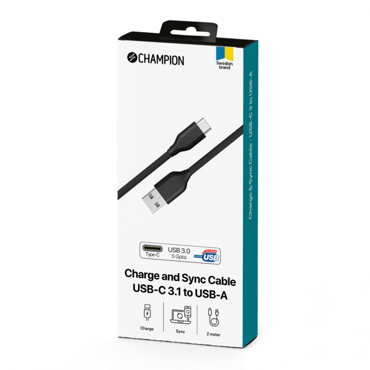 Champion USB-A till USB-C Kabel 2m Svart