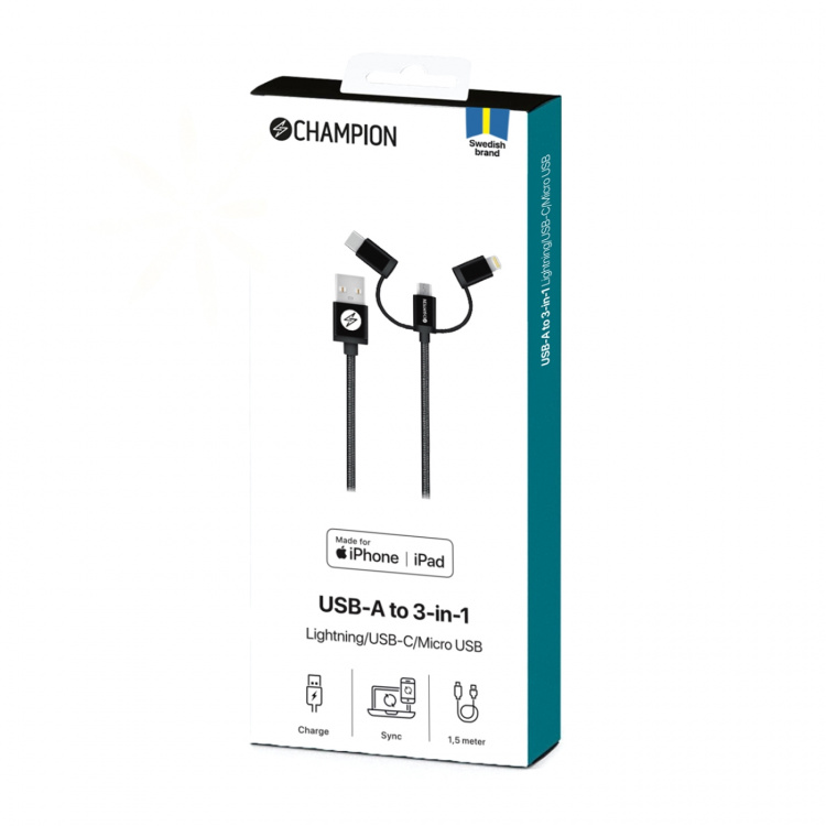 Champion USB-A till Lightning, USB-C och Micro-USB 1,5m Svart