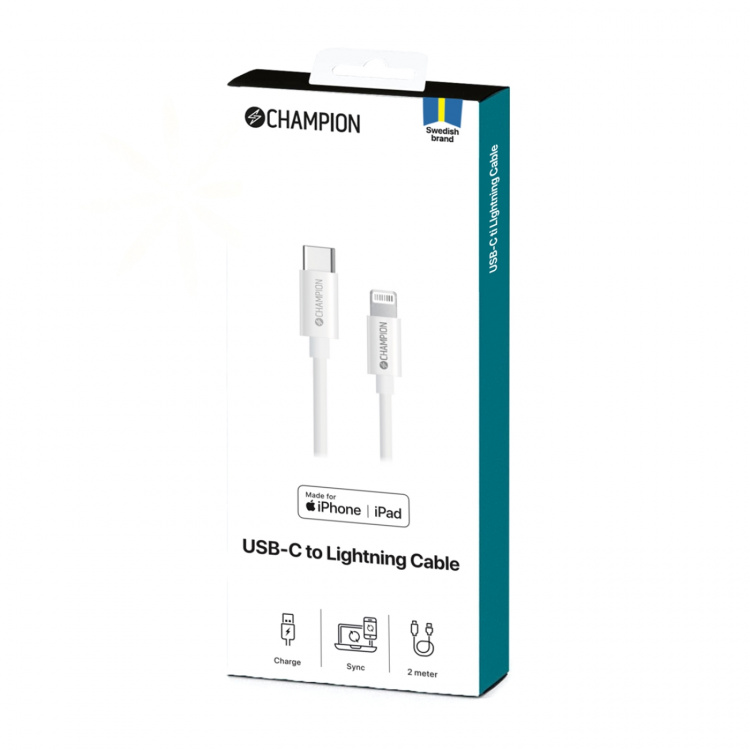 Champion USB-C till Lightning Kabel 2m Vit Champion USB-C till Lightning Kabel 2m Vit