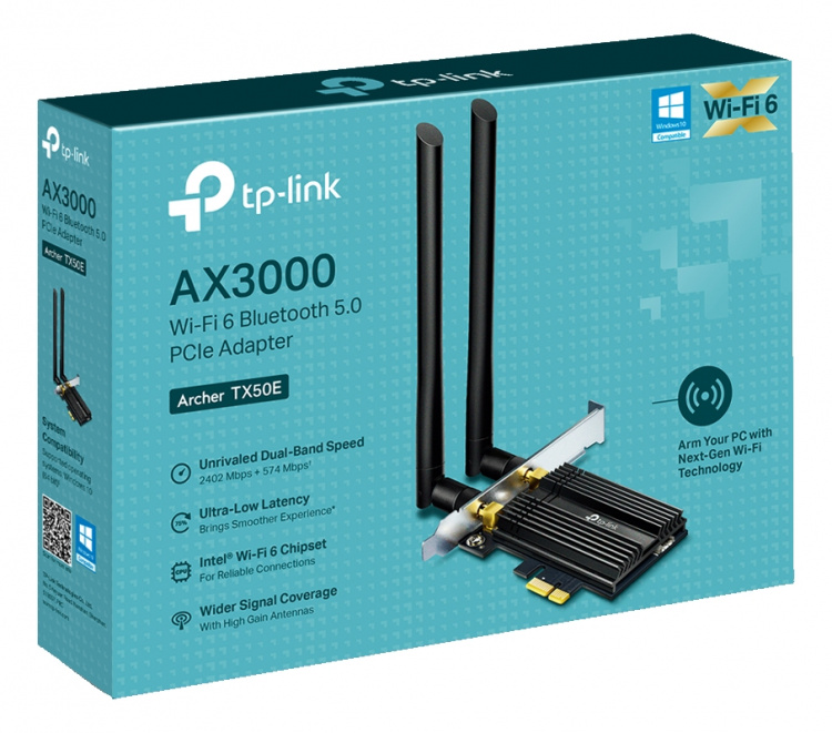 tplink TX50E, AX3000 Wi-Fi 6 Bluetooth 5.0 PCIe Adapter, black
