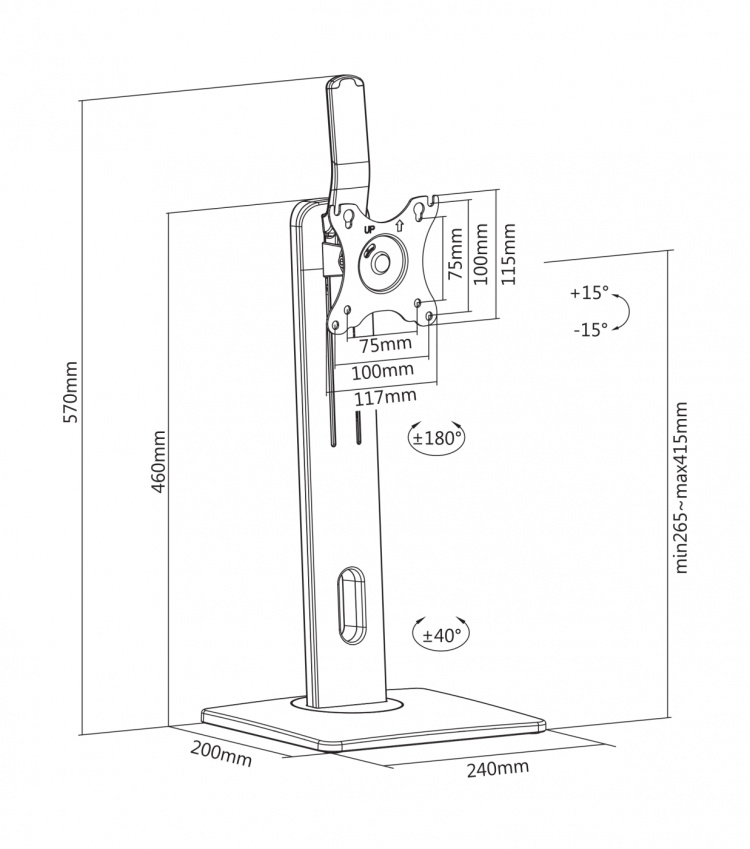 DELTACO OFFICE Höjdjusterbart skrivbordsstativ med roterbar bas, tilta, sväng, rotera, 17-32