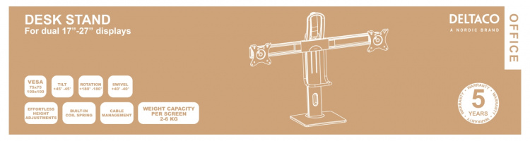 DELTACO OFFICE Höjdjusterbart skrivbordstativ med roterbar bas för 2-monitorer, 17-27