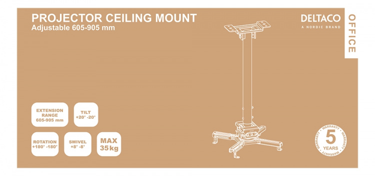 DELTACO OFFICE Projektorfäste för platta/lutande tak, tilta sväng rotera, 35 kg, svart