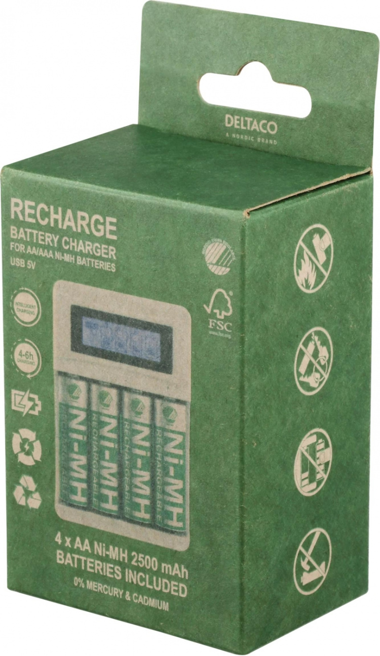 DELTACO Ultimate Ni-Mh USB laddare med 4 x AA batterier DELTACO Ultimate Ni-Mh USB laddare med 4 x AA batterier