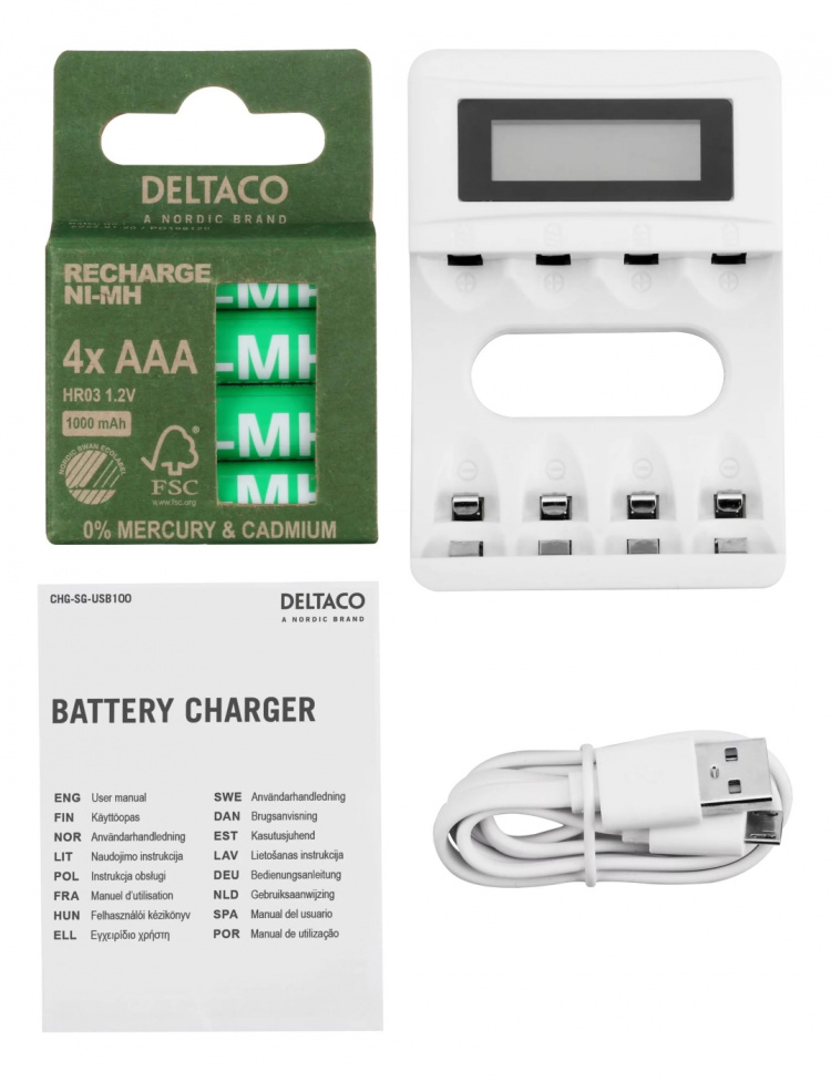 DELTACO Ultimate Ni-Mh USB laddare med 4 x AAA batterier