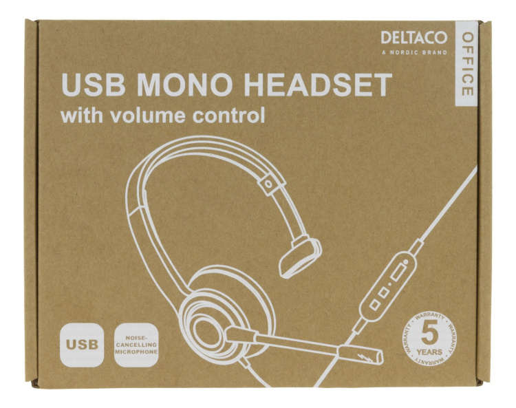 DELTACO Office USB mono headset, volymkontroll, brusreducerande mikrofon, svart