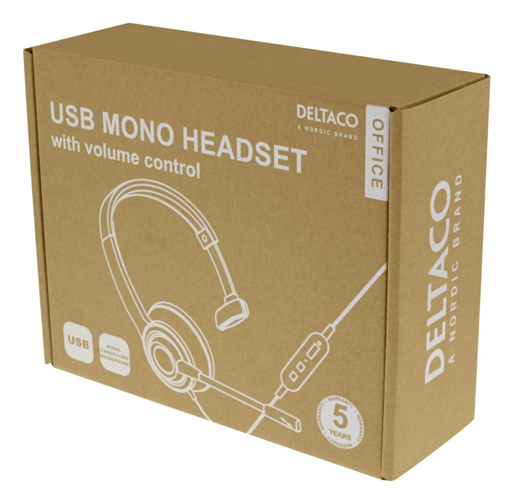 DELTACO Office USB mono headset, volymkontroll, brusreducerande mikrofon, svart