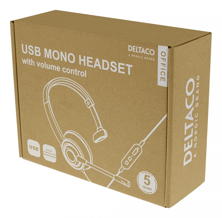 DELTACO Office USB mono headset, volymkontroll, brusreducerande mikrofon, svart