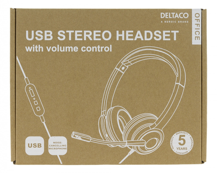 DELTACO Office USB stereoheadset, volymkontroll, brusreducerande mikrofon, svart