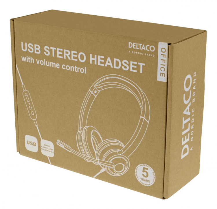 DELTACO Office USB stereoheadset, volymkontroll, brusreducerande mikrofon, svart