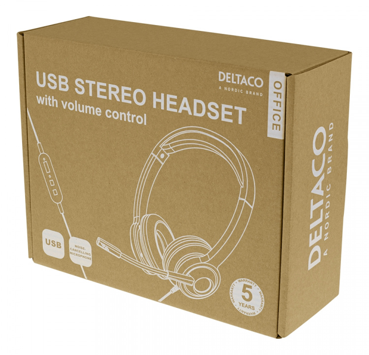 DELTACO Office USB stereoheadset, volymkontroll, brusreducerande mikrofon, svart