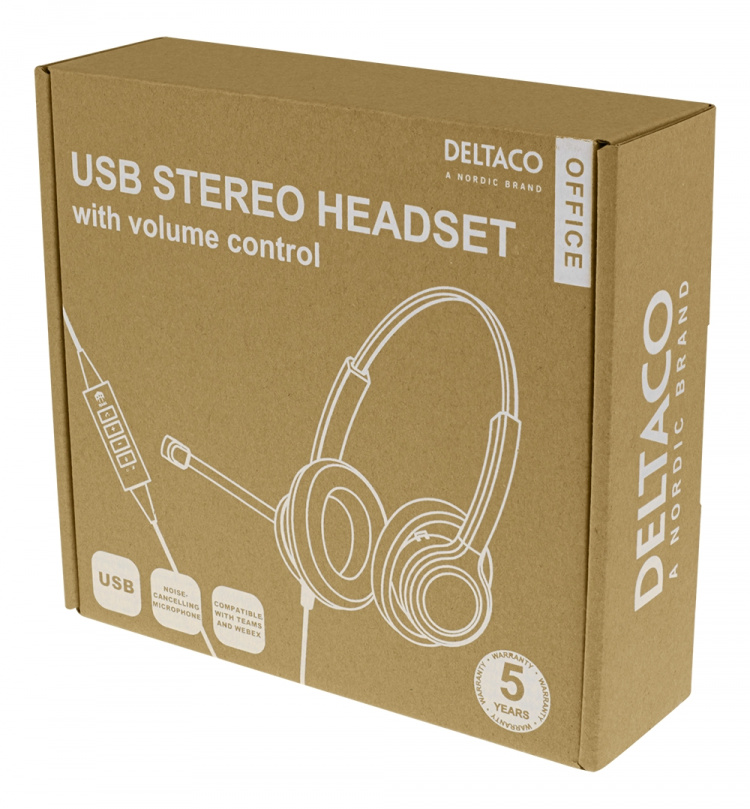 DELTACO Office USB stereoheadset, Teams och Webex-kompatibelt, volymkontroll, brusreducerande mikrofon, svart