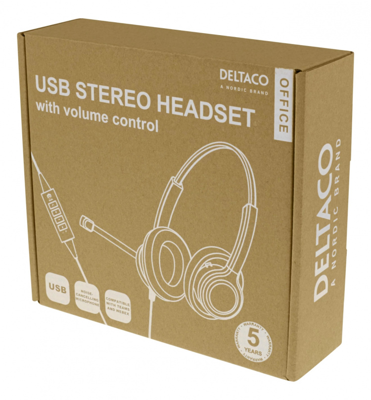 DELTACO Office USB stereoheadset, Teams och Webex-kompatibelt, volymkontroll, brusreducerande mikrofon, svart