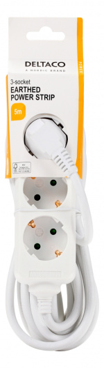 DELTACO Jordat grenuttag, 3x CEE 7/3, 1x CEE 7/7, barnsäker, 5m, vit