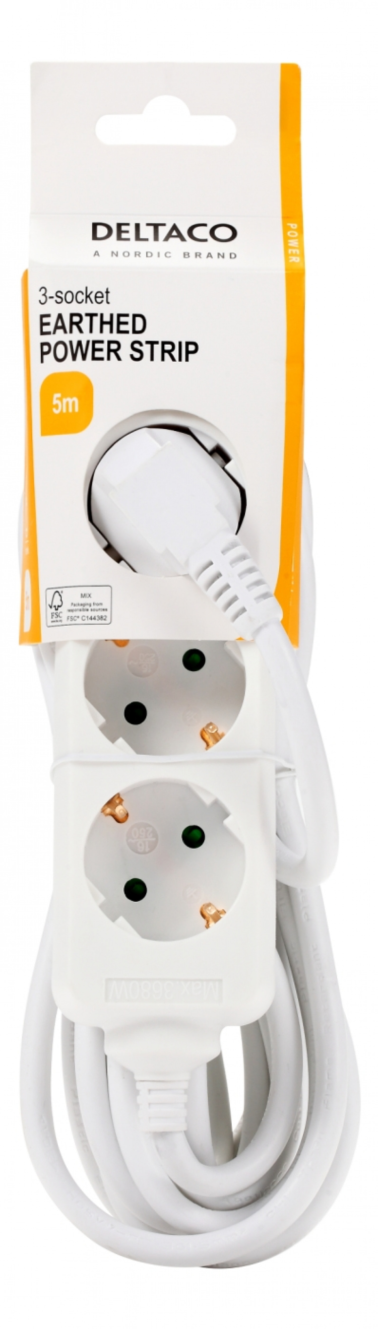 DELTACO Jordat grenuttag, 3x CEE 7/3, 1x CEE 7/7, barnsäker, 5m, vit