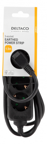 DELTACO Jordat grenuttag, 3x CEE 7/3, 1x CEE 7/7, barnsäker, 1.5m, svart