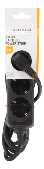 DELTACO Jordat grenuttag, 3x CEE 7/3, 1x CEE 7/7, barnsäker, 3m, svart