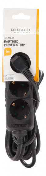 DELTACO Jordat grenuttag, 3x CEE 7/3, 1x CEE 7/7, barnsäker, 5m, svart