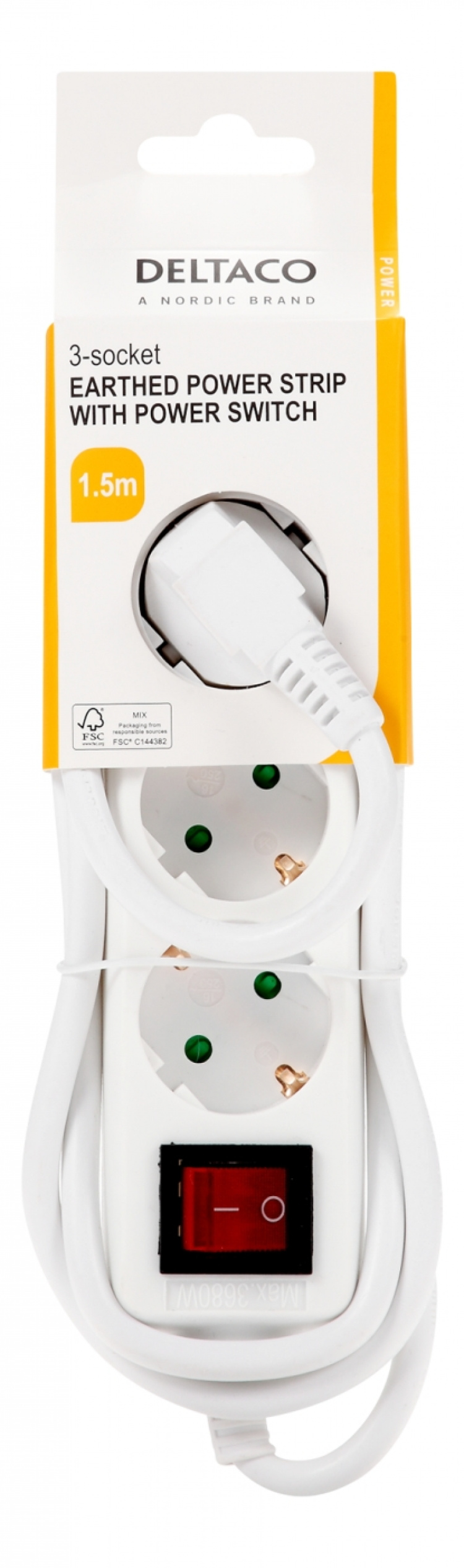 DELTACO Jordat grenuttag med strömbrytare, 3x CEE 7/3, 1x CEE 7/7, barnsäker, 1.5m, vit