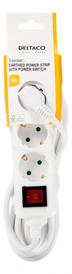 DELTACO Jordat grenuttag med strömbrytare, 3x CEE 7/3, 1x CEE 7/7, barnsäker, 5m, vit