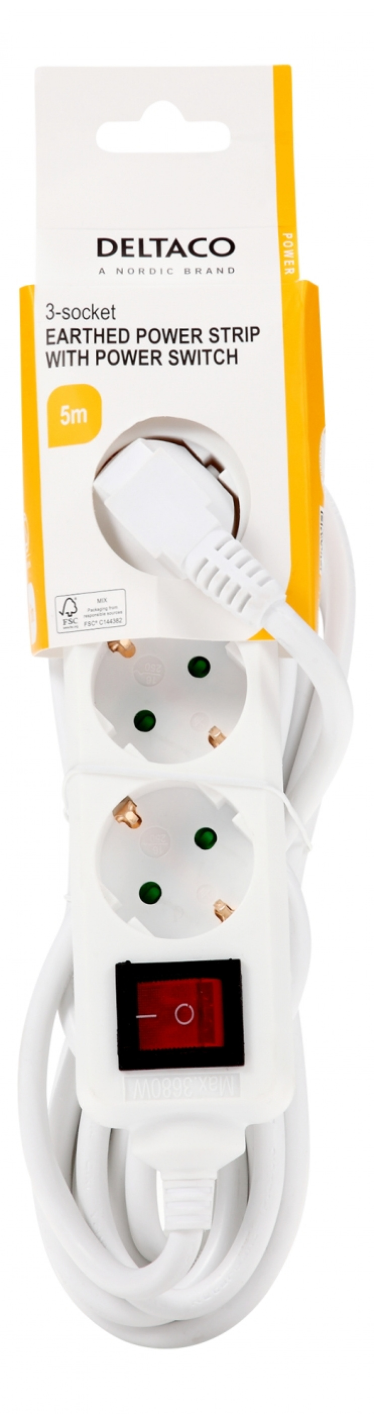 DELTACO Jordat grenuttag med strömbrytare, 3x CEE 7/3, 1x CEE 7/7, barnsäker, 5m, vit