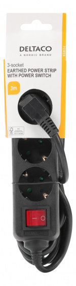 Deltaco Jordat grenuttag strömbryt, 3xCEE 7/3, 1xCEE 7/7, 3m, sv