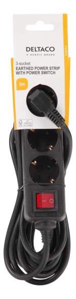 DELTACO Jordat grenuttag med strömbrytare, 3x CEE 7/3, 1x CEE 7/7, barnsäker, 5m, svart