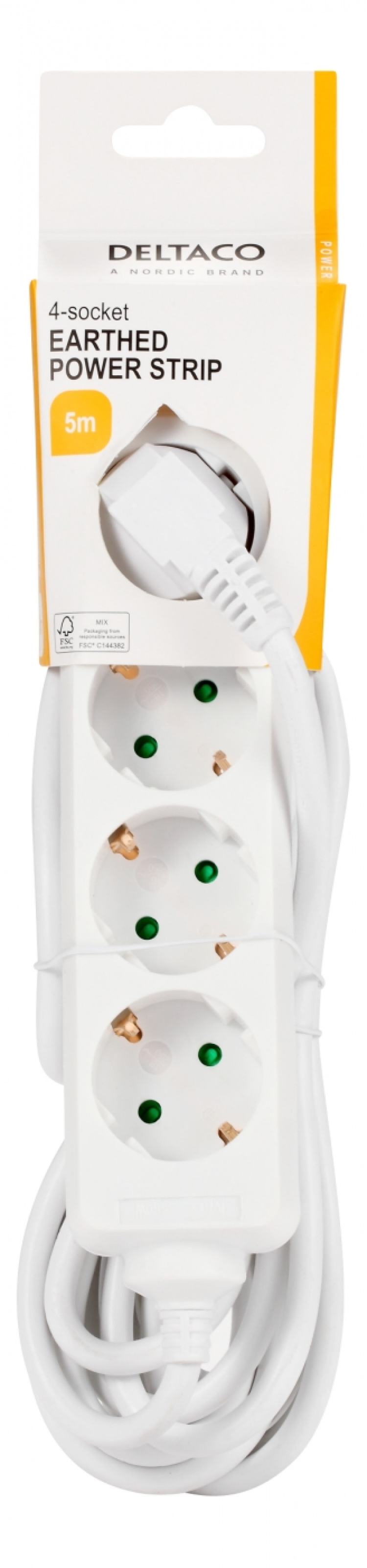 DELTACO Jordat grenuttag, 4x CEE 7/3, 1x CEE 7/7, barnsäker, 5m, vit