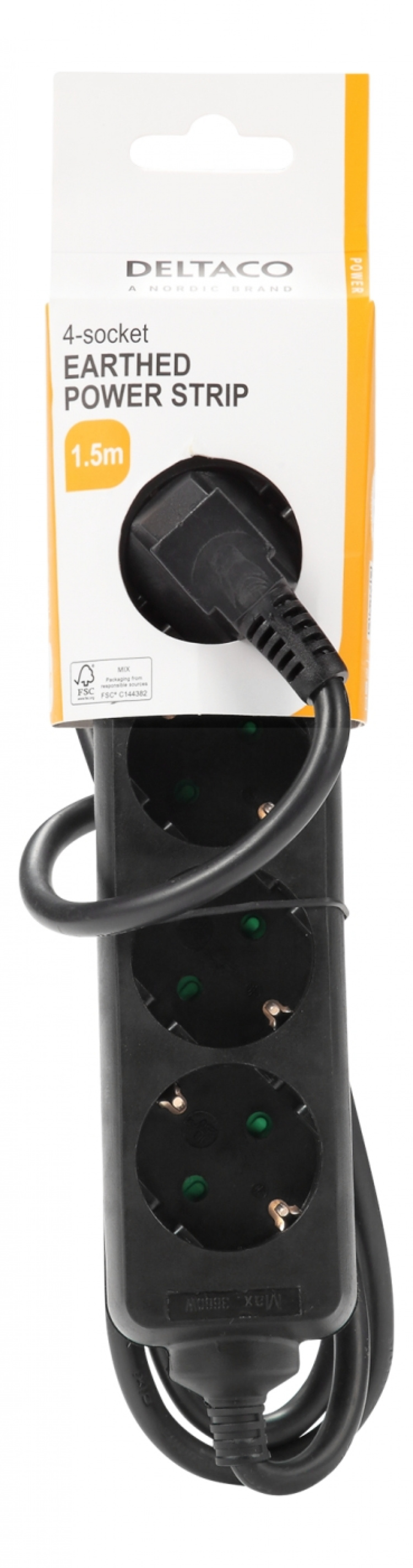 DELTACO Jordat grenuttag, 4x CEE 7/3, 1x CEE 7/7, barnsäker, 1.5m, svart