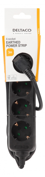 DELTACO Jordat grenuttag, 4x CEE 7/3, 1x CEE 7/7, barnsäker, 3m, svart