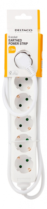 DELTACO Jordat grenuttag, 6x CEE 7/3, 1x CEE 7/7, barnsäker, 1.5m, vit
