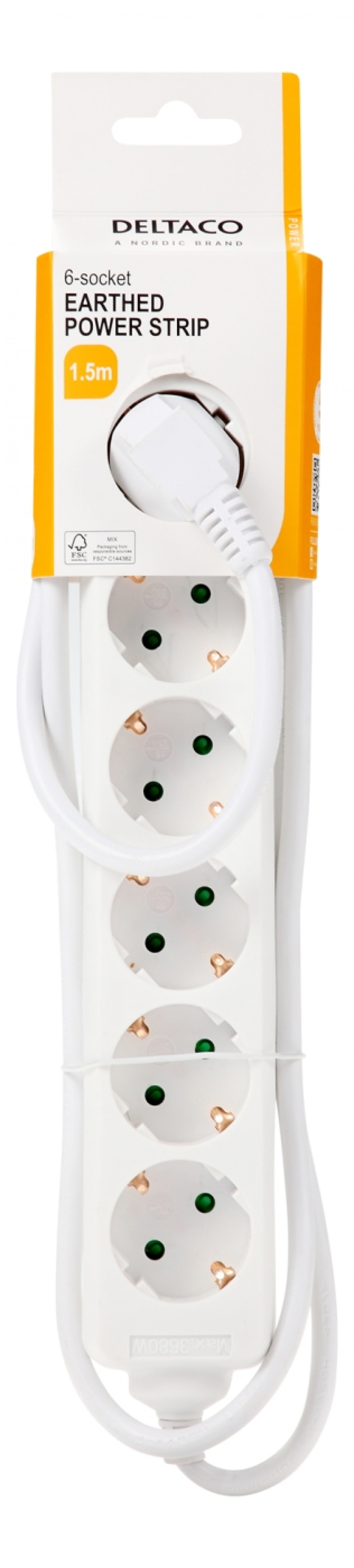 DELTACO Jordat grenuttag, 6x CEE 7/3, 1x CEE 7/7, barnsäker, 1.5m, vit