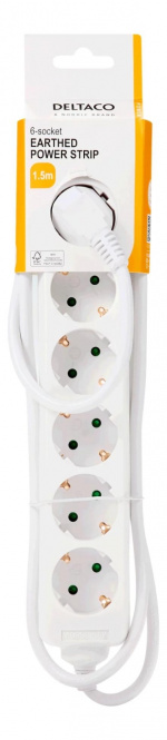 DELTACO Jordat grenuttag, 6x CEE 7/3, 1x CEE 7/7, barnsäker, 1.5m, vit