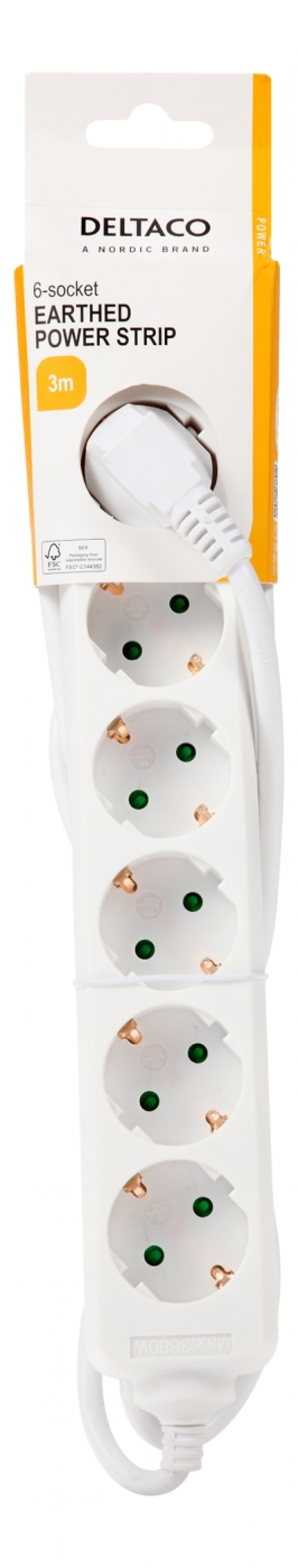 DELTACO Jordat grenuttag, 6x CEE 7/3, 1x CEE 7/7, barnsäker, 3m, vit