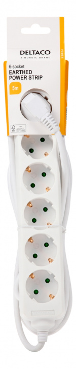 DELTACO Jordat grenuttag, 6x CEE 7/3, 1x CEE 7/7, barnsäker, 5m, vit