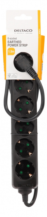 DELTACO Jordat grenuttag, 6x CEE 7/3, 1x CEE 7/7, barnsäker, 1.5m, svart