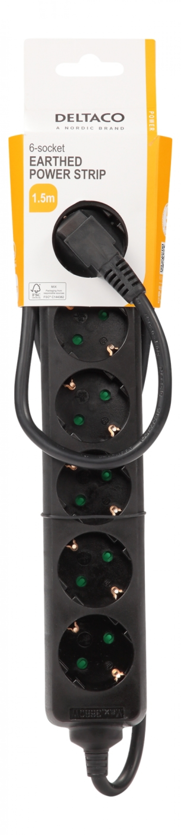 DELTACO Jordat grenuttag, 6x CEE 7/3, 1x CEE 7/7, barnsäker, 1.5m, svart