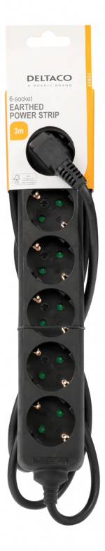 DELTACO Jordat grenuttag, 6x CEE 7/3, 1x CEE 7/7, barnsäker, 3m, svart