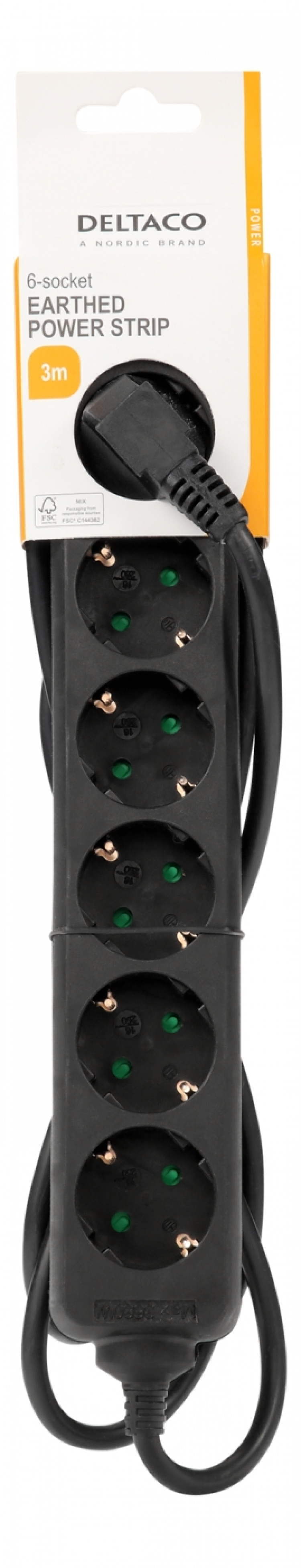 DELTACO Jordat grenuttag, 6x CEE 7/3, 1x CEE 7/7, barnsäker, 3m, svart