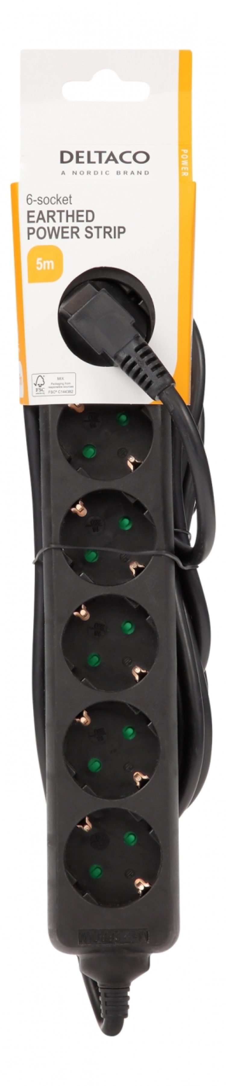 DELTACO Jordat grenuttag, 6x CEE 7/3, 1x CEE 7/7, barnsäker, 5m, svart