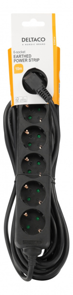 DELTACO Jordat grenuttag, 6x CEE 7/3, 1x CEE 7/7, barnsäker, 10m, Svart