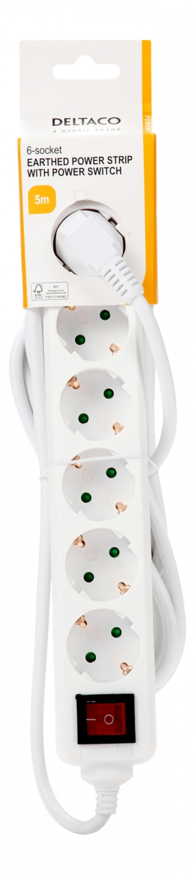 DELTACO Jordat grenuttag med strömbrytare, 6x CEE 7/3, 1x CEE 7/7, barnsäker, 5m, vit