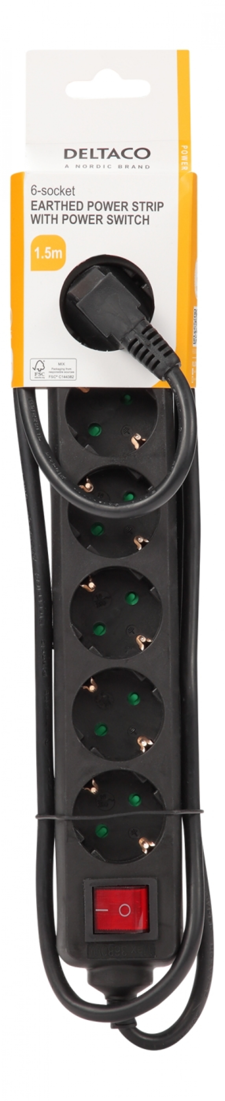 DELTACO Jordat grenuttag med strömbrytare, 6x CEE 7/3, 1x CEE 7/7, barnsäker, 1.5m, svart