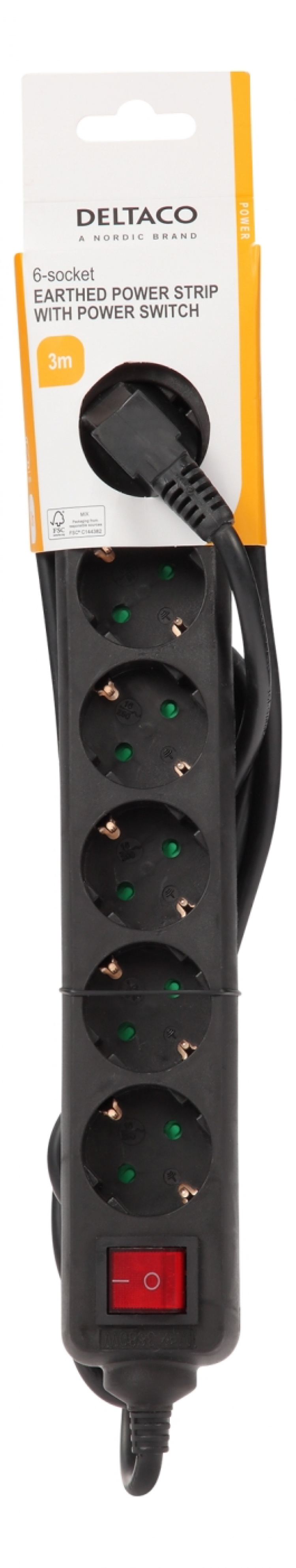 DELTACO Jordat grenuttag med strömbrytare, 6x CEE 7/3, 1x CEE 7/7, barnsäker, 3m, svart