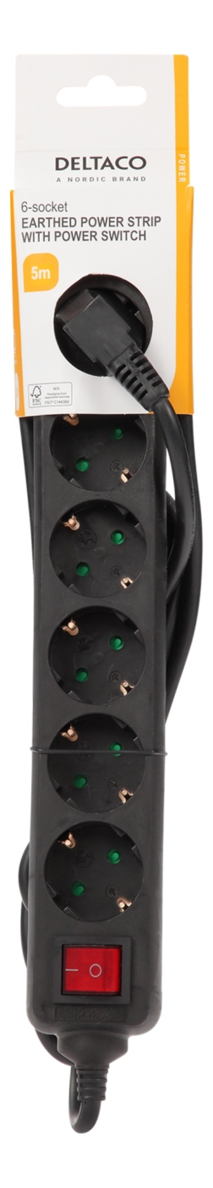 DELTACO Jordat grenuttag med strömbrytare, 6x CEE 7/3, 1x CEE 7/7, barnsäker, 5m, svart