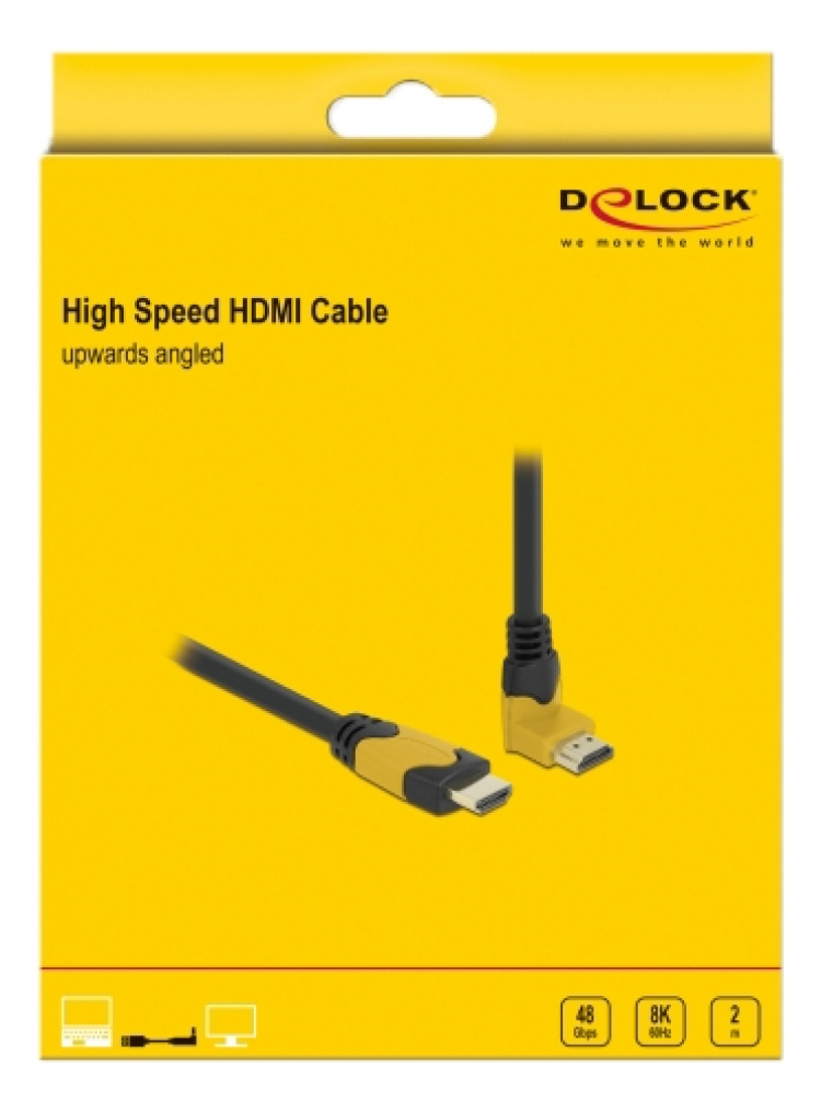 Delock High Speed HDMI kabel hane rak till hane 90° uppåtvinklad 48 Gbps 8K 60 Hz 2m, svart
