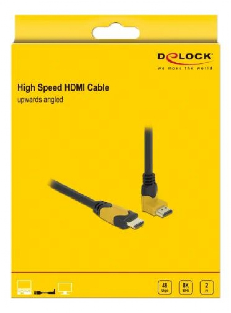 Delock High Speed HDMI kabel hane rak till hane 90° uppåtvinklad 48 Gbps 8K 60 Hz 2m, svart