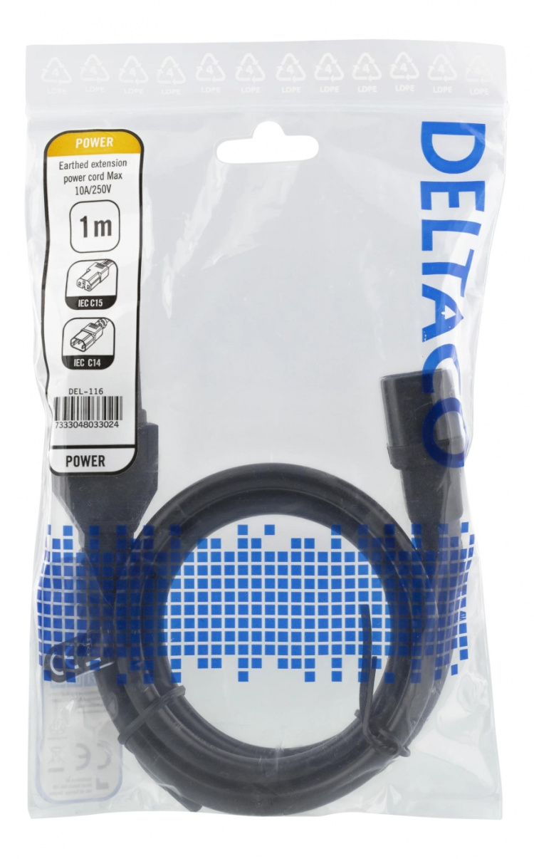 Deltaco Extension cord IEC C15, IEC C14, 1m, black